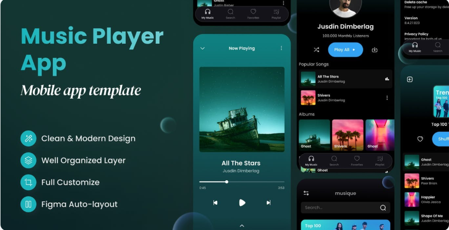 61f8fde9-0759-4cb9-861f-cfd3111bd949 Music player app UI design template kit FIG, PSD, XD - Image 1