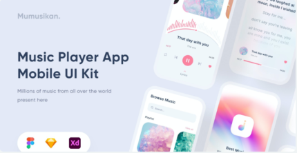 Minimalist music app UI design kit FIG, SKETCH, XD