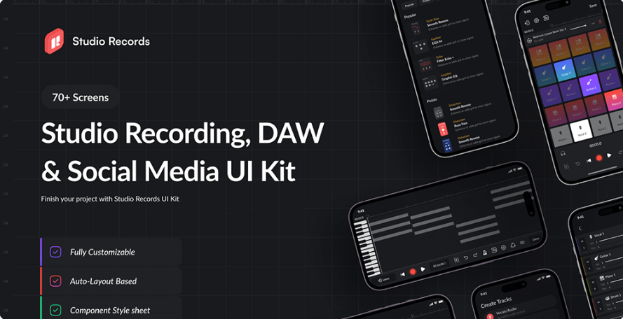 95b30e64-4898-42e6-a7fb-670531420c9e Download the Figma kit, a cool, dark-themed professional music editor app UI resource library. - Image 1