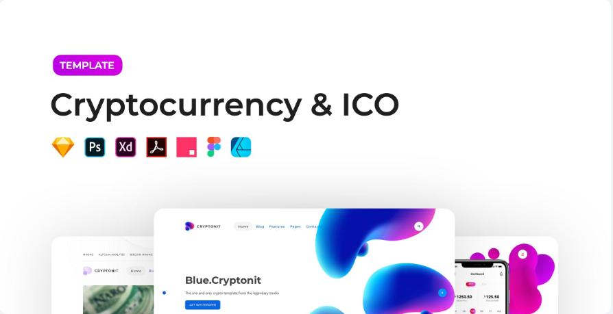 bc48a2a1-f2d8-4c81-9a40-5e99544b0424 Complete set of web3 design templates for cryptocurrency and ICO platform websites, including SKETCH, PSD, XD, PDF, and FIG. - Image 1